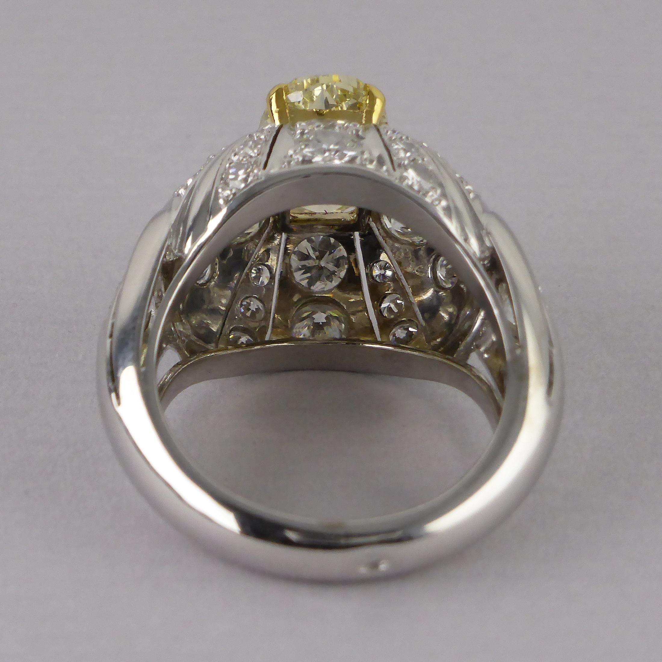 Modern Certified Fancy Yellow Untreated Diamond 2.11 Carat Gold Bombe Ring, circa 1960