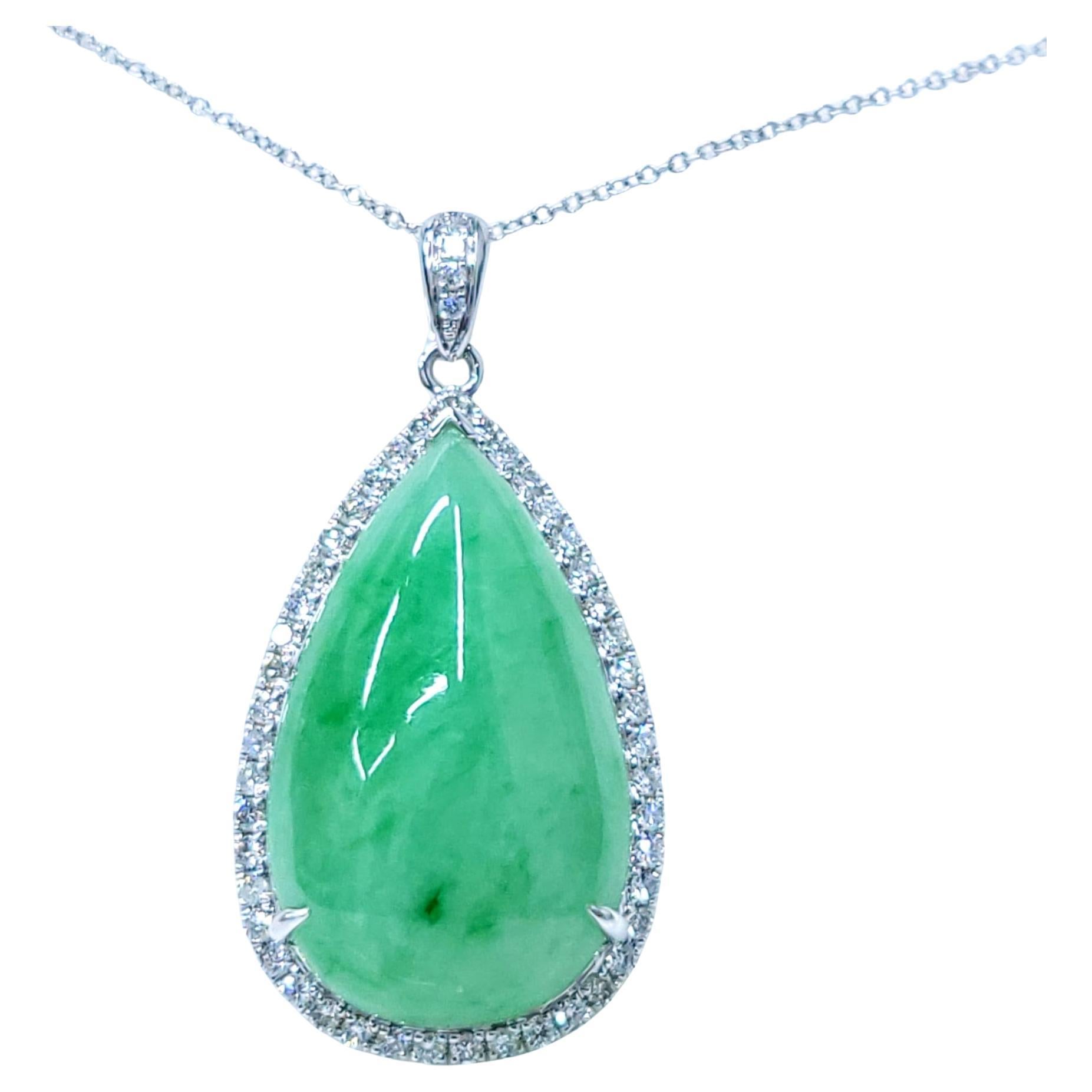 Certified Fei Cui Type A Jade and 0.48 Carat Diamond Pendant in 18K White Gold