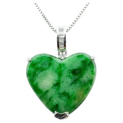 Certified Flower Green Heart-Shaped Jade Round Baguette Diamond 18K Gold Pendant
