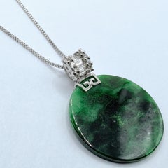 Certified Flower-Green Jadeite Disc Pendant with Diamond 18K White Gold Bail