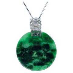 Certified Flower-Green Jadeite Disc Pendant with Diamond 18K White Gold Bail