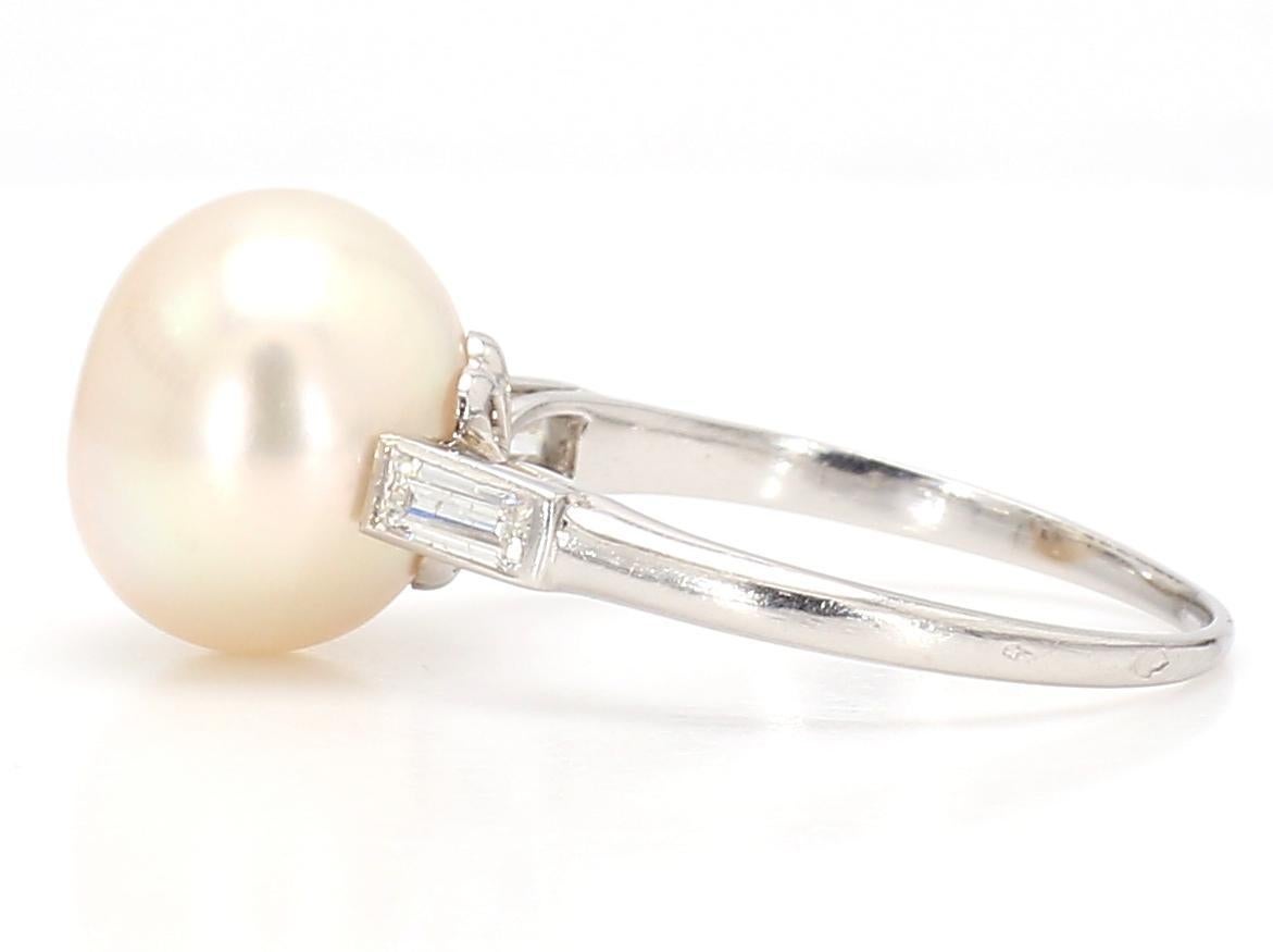 Baguette Cut Certified French 1920s Design Natural Saltwater Pearl Art Deco Platinum Ring For Sale