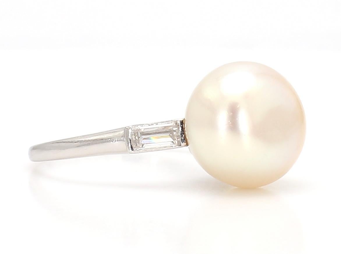 Certified French 1920s Design Natural Saltwater Pearl Art Deco Platinum Ring For Sale 3