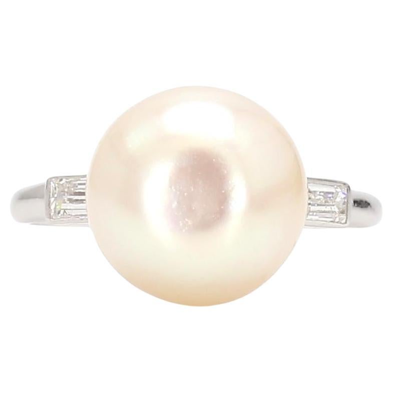 Certified French 1920s Design Natural Saltwater Pearl Art Deco Platinum Ring For Sale