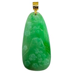 Certified Fuji Japan Carving Burmese A-Jade Jadeite Pendant w 18K Yellow Gold