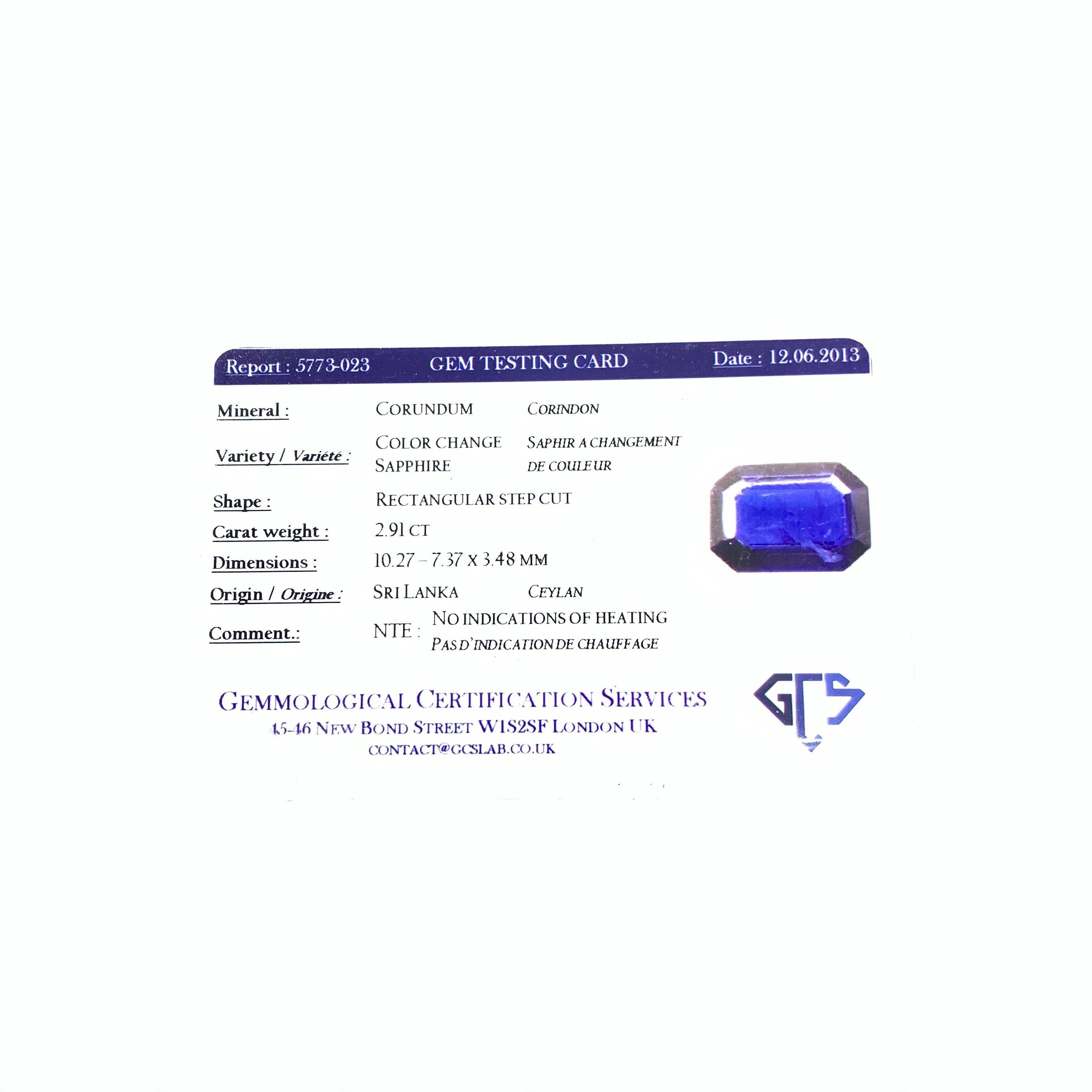 Certified GCS 2.91 Carat Color Change Ceylon Sapphire and Diamonds Band Ring For Sale 3