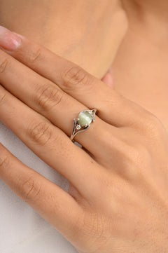 Genuine 2.08 CTW Cat's Eye Ring with Diamonds in 14k Solid White Gold
