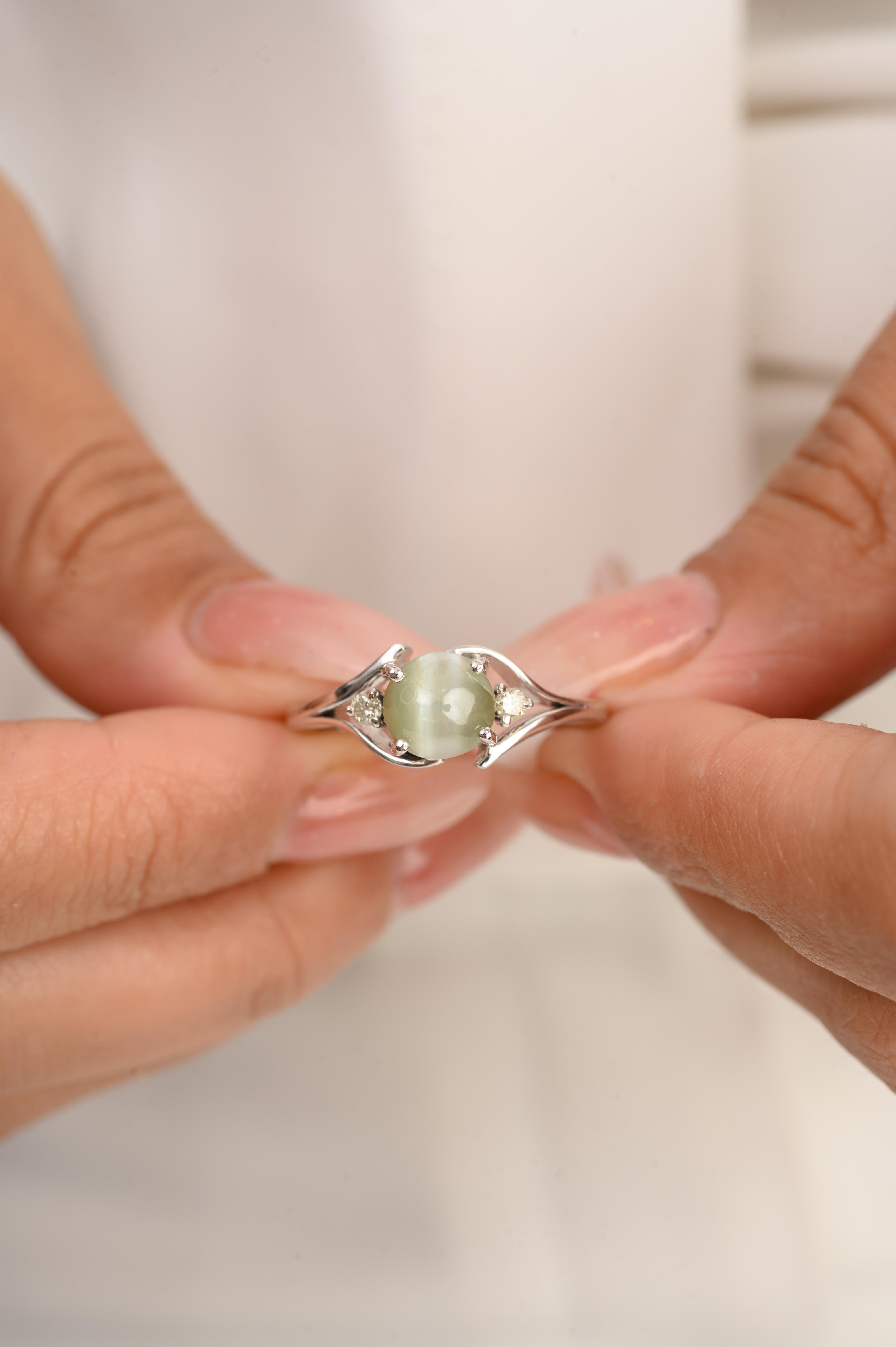 For Sale:  Genuine 2.08 CTW Cat's Eye Ring with Diamonds in 14k Solid White Gold 4