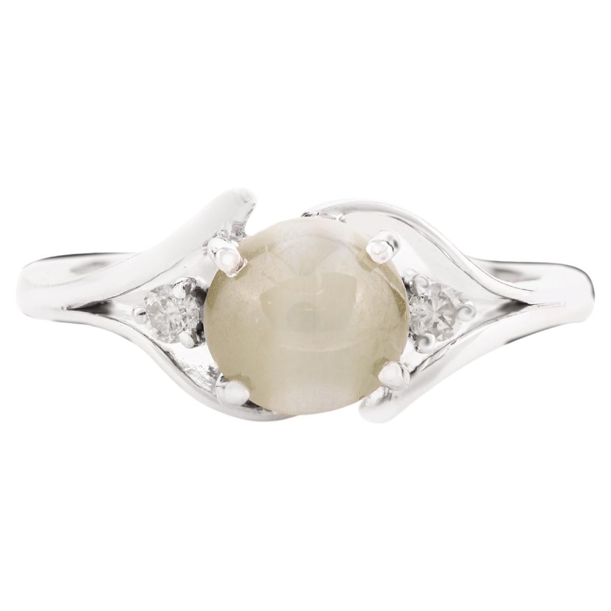 Genuine 2.08 CTW Cat's Eye Ring with Diamonds in 14k Solid White Gold