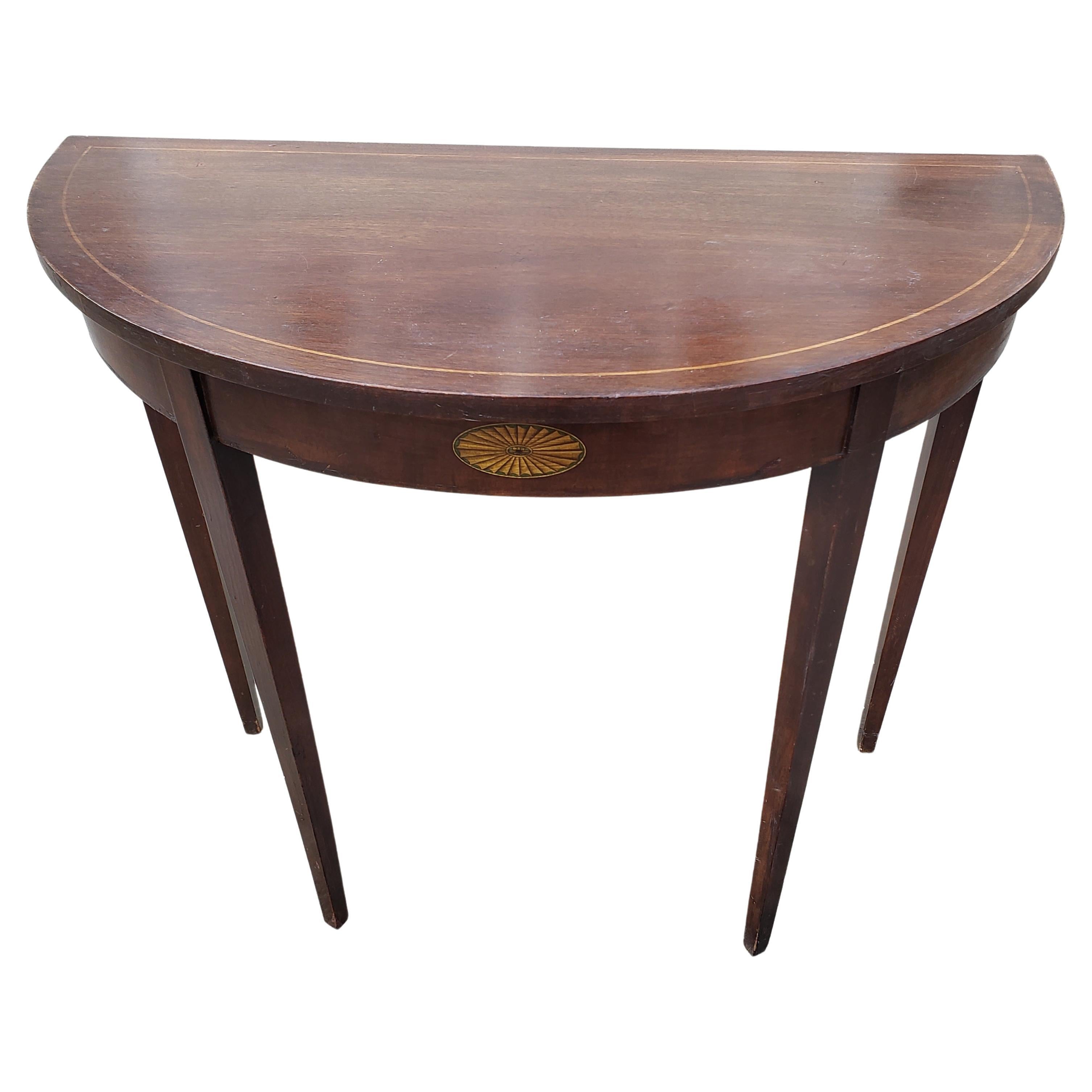 Certified Genuine Mahogany Inlaid Demi Lune Table, Circa 1940s For Sale