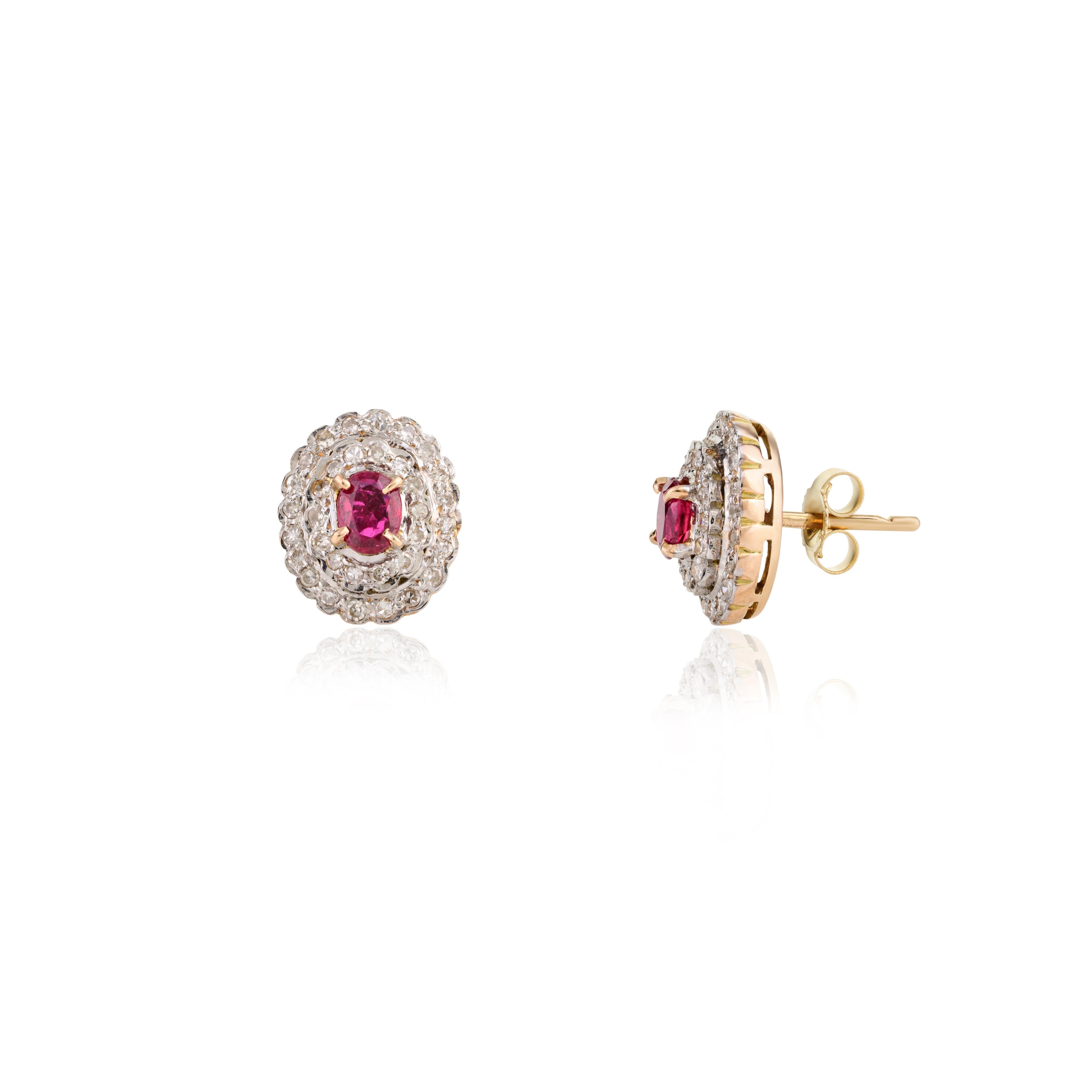 Art Deco Certified Genuine Ruby and Halo Diamond Wedding Stud Earrings in 14k Yellow Gold For Sale
