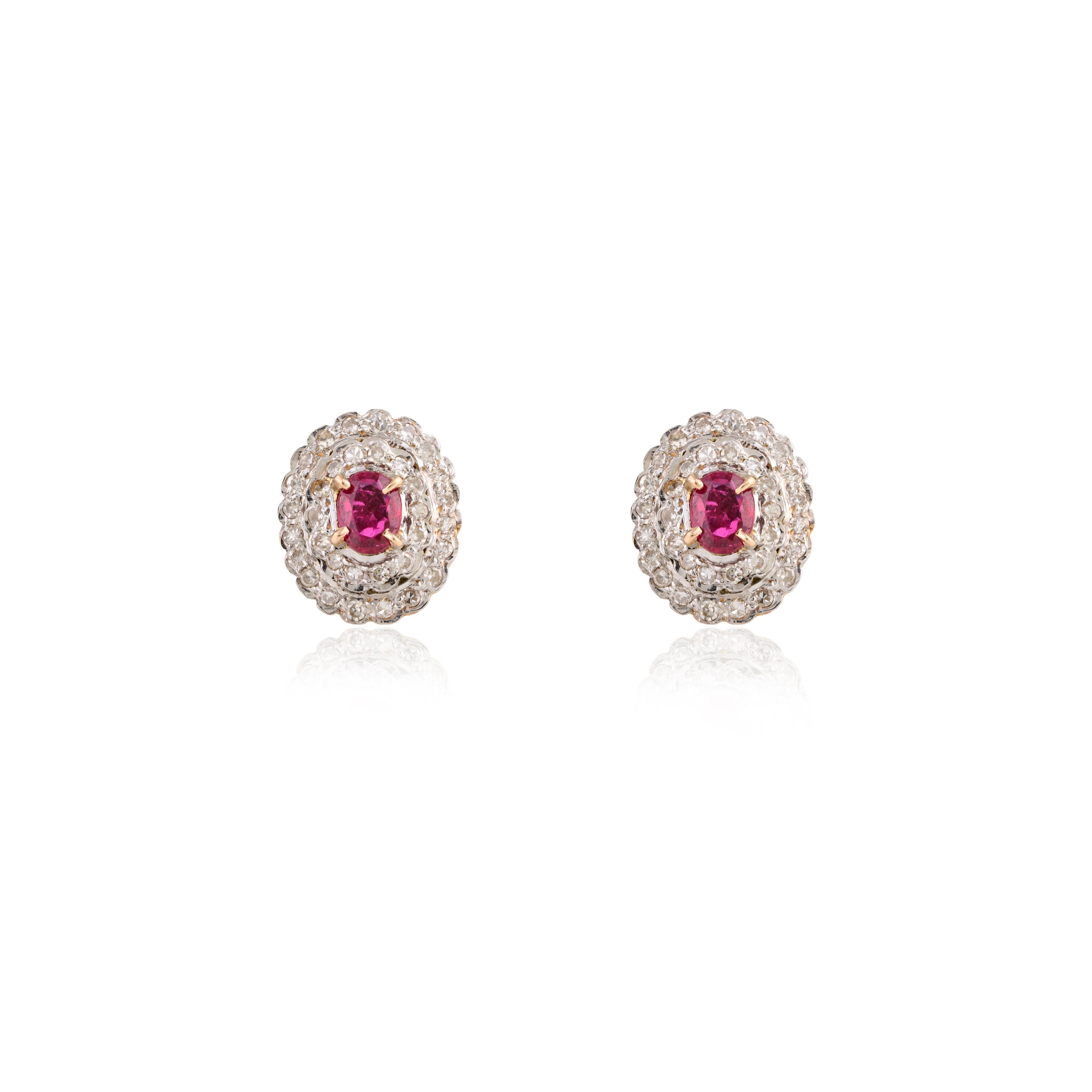 Oval Cut Certified Genuine Ruby and Halo Diamond Wedding Stud Earrings in 14k Yellow Gold For Sale