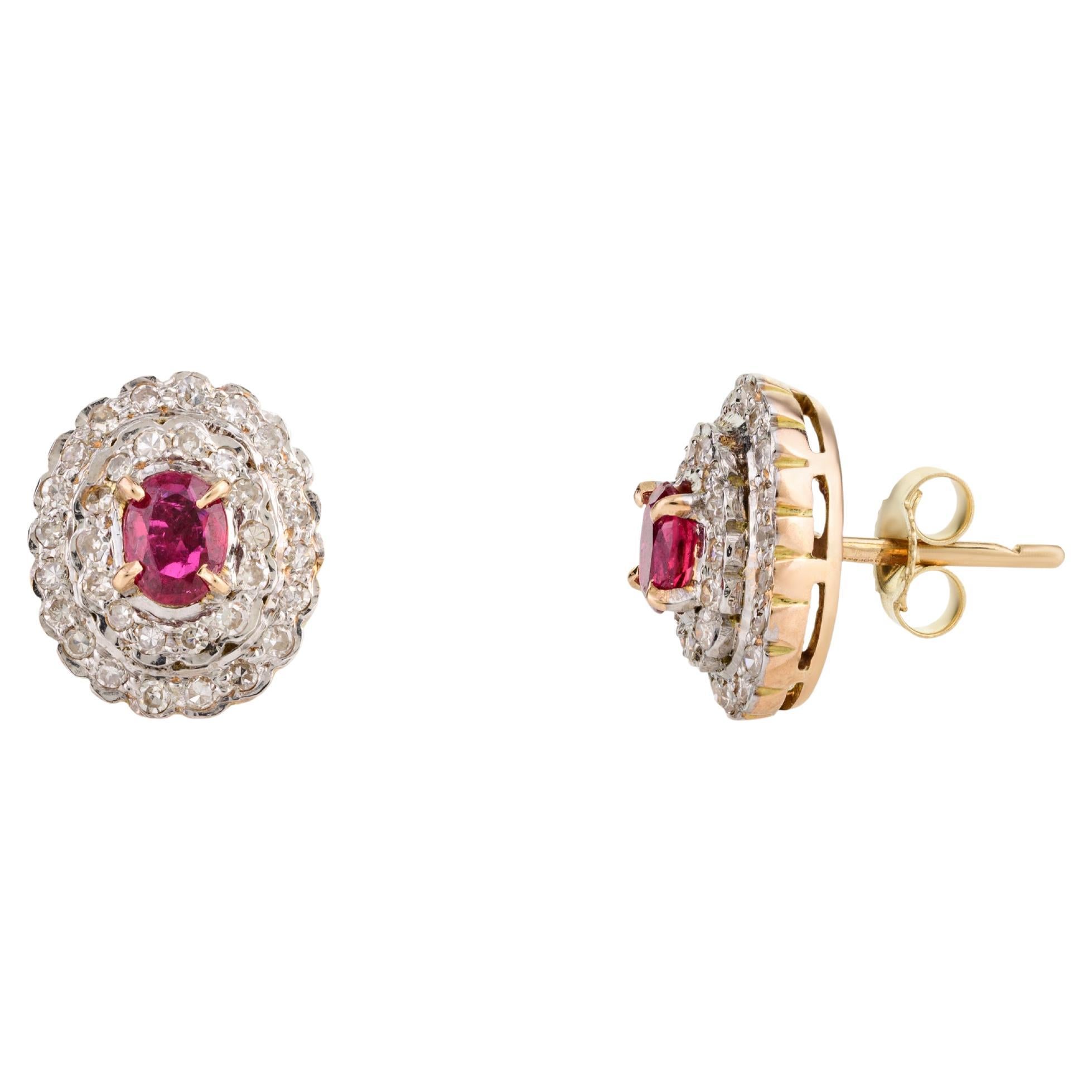 Certified Genuine Ruby and Halo Diamond Wedding Stud Earrings in 14k Yellow Gold For Sale