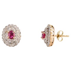 Certified Genuine Ruby and Halo Diamond Wedding Stud Earrings in 14k Yellow Gold