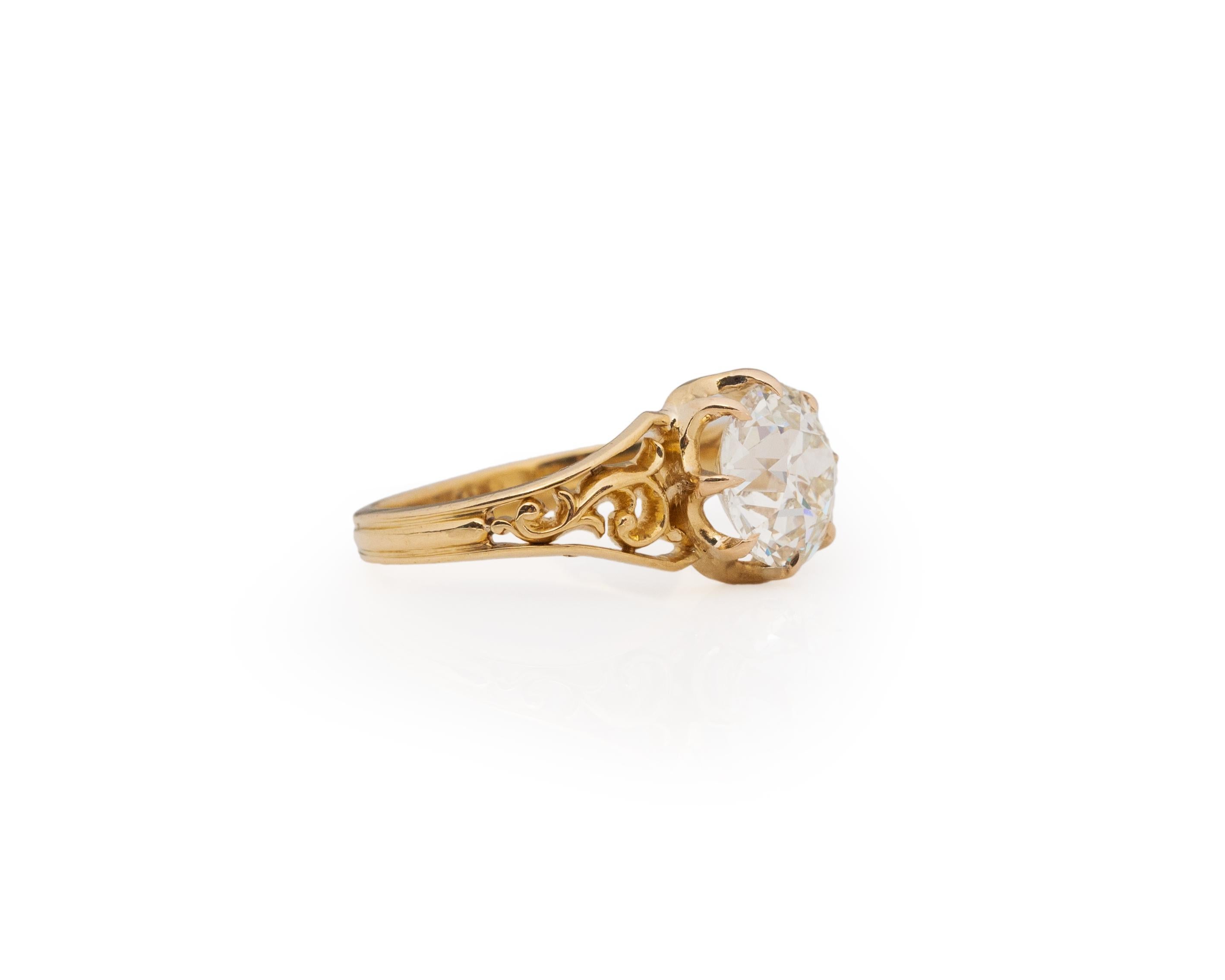 Ring Size: 6.75
Metal Type: 14K Yellow Gold [Hallmarked, and Tested]
Weight: 3.7 grams

Center Diamond Details:
GIA REPORT #:6224538814
Weight: 2.31ct
Cut: Old European brilliant
Color: K
Clarity: VS2
Measurements: 8.46mm x 8.29mm x 5.37mm

Finger