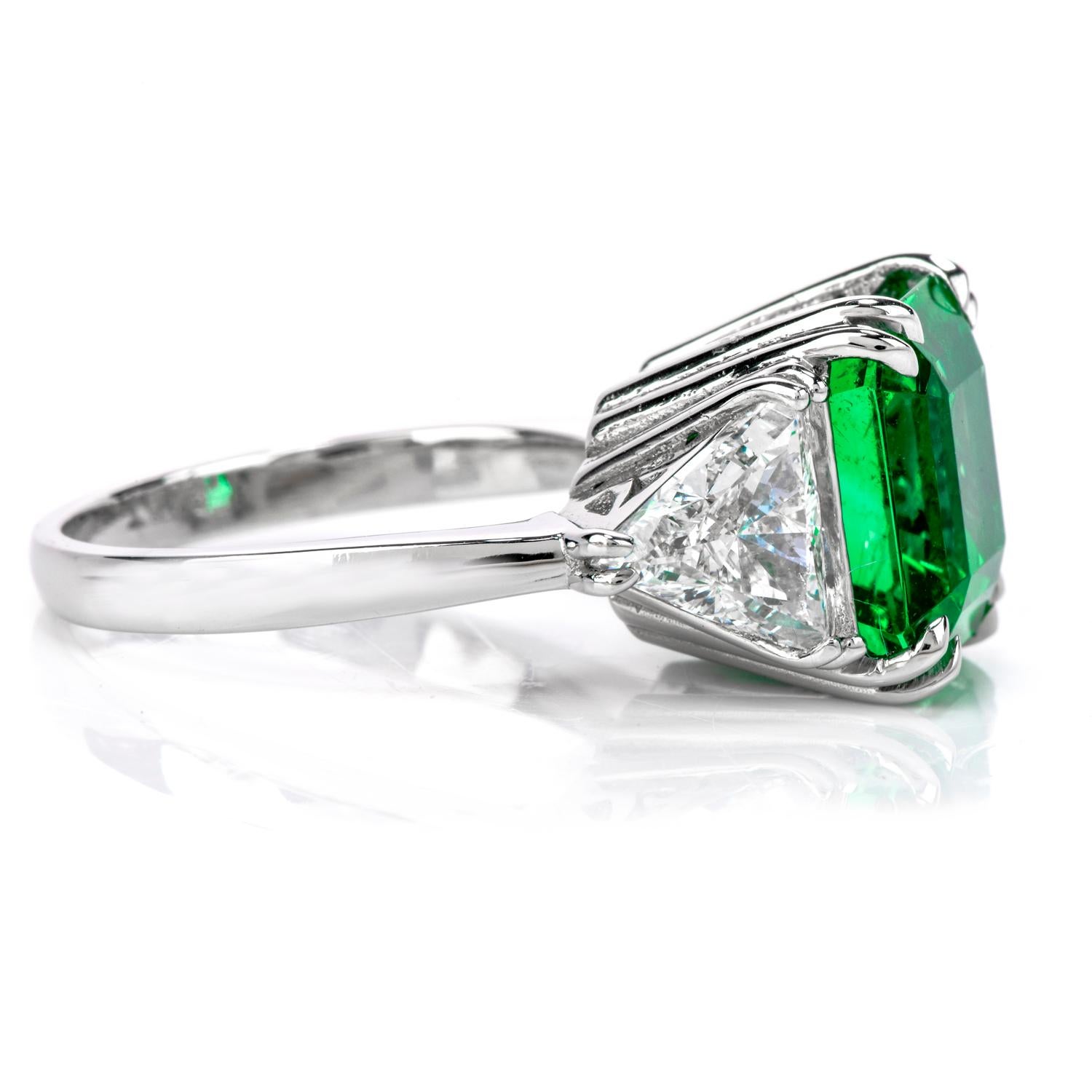 Modern Certified GIA Colombian Emerald Diamond Platinum Three-Stone Ring For Sale
