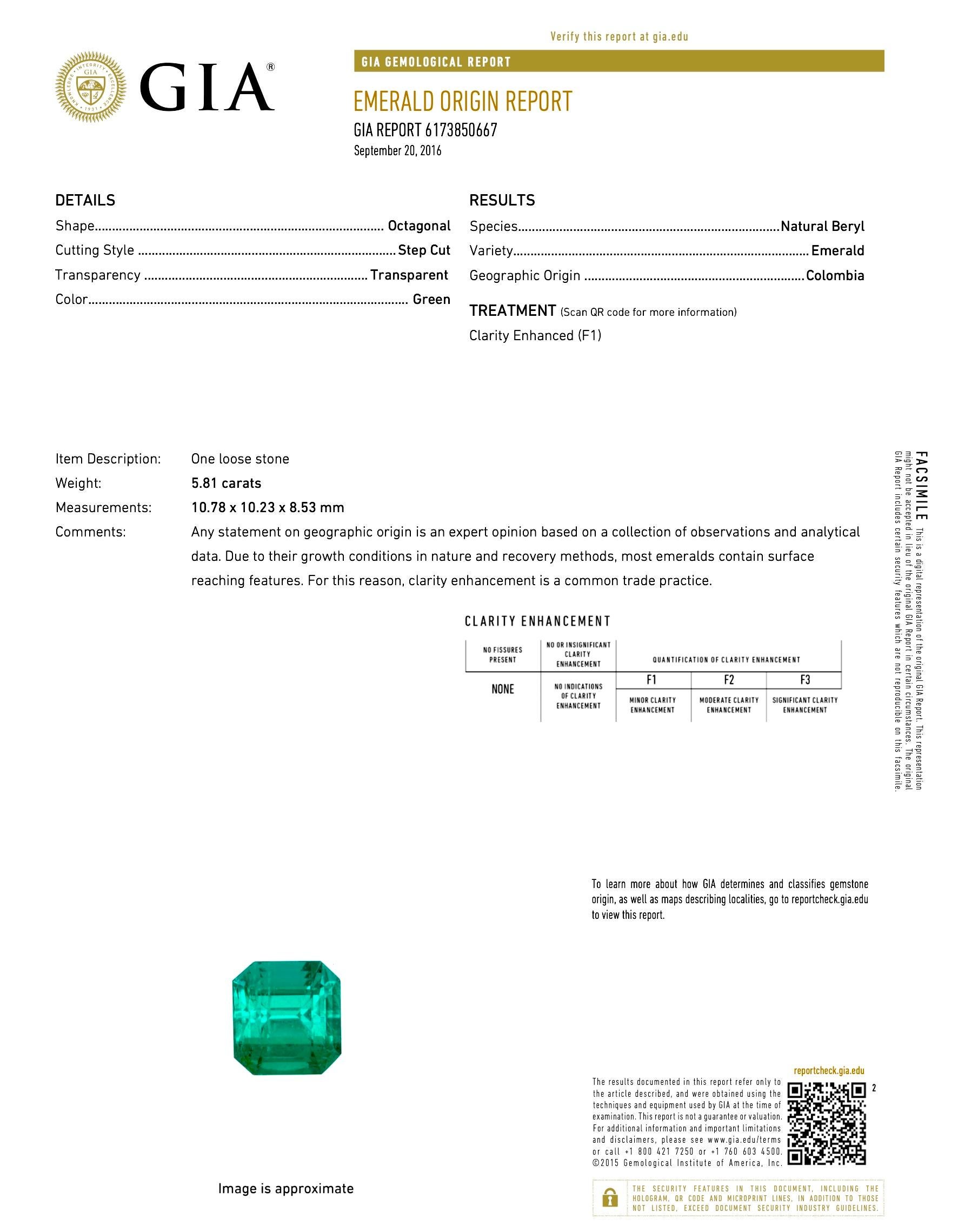 Modern Certified GIA Colombian Emerald Diamond Platinum Three-Stone Ring For Sale