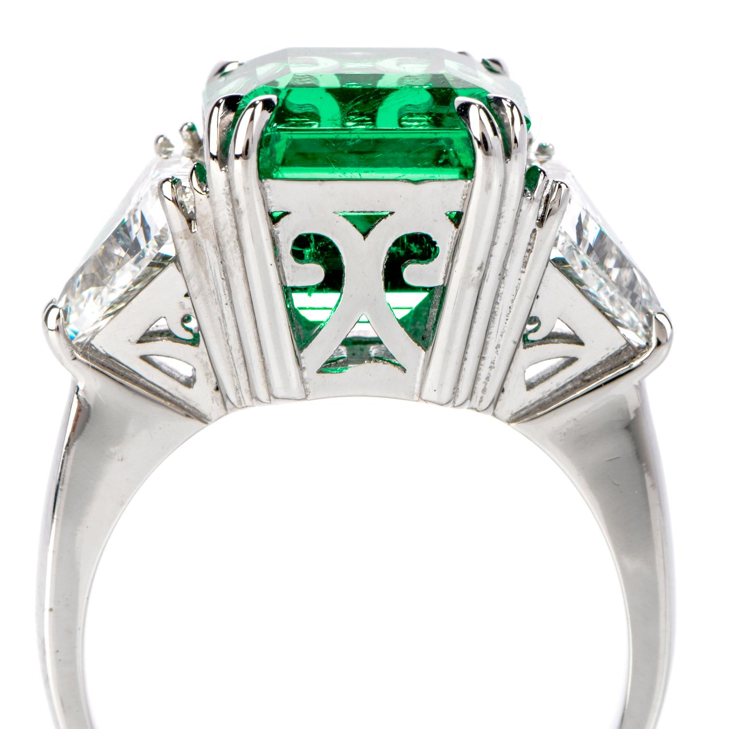 Women's or Men's Certified GIA Colombian Emerald Diamond Platinum Three-Stone Ring For Sale