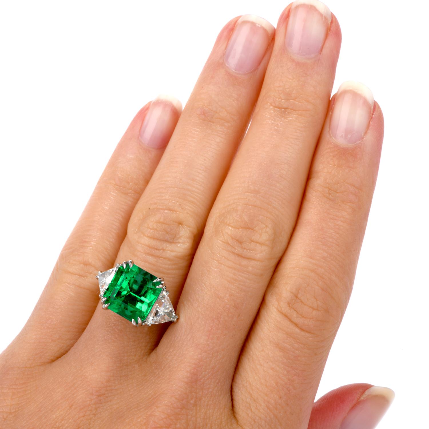 Certified GIA Colombian Emerald Diamond Platinum Three-Stone Ring For Sale 2