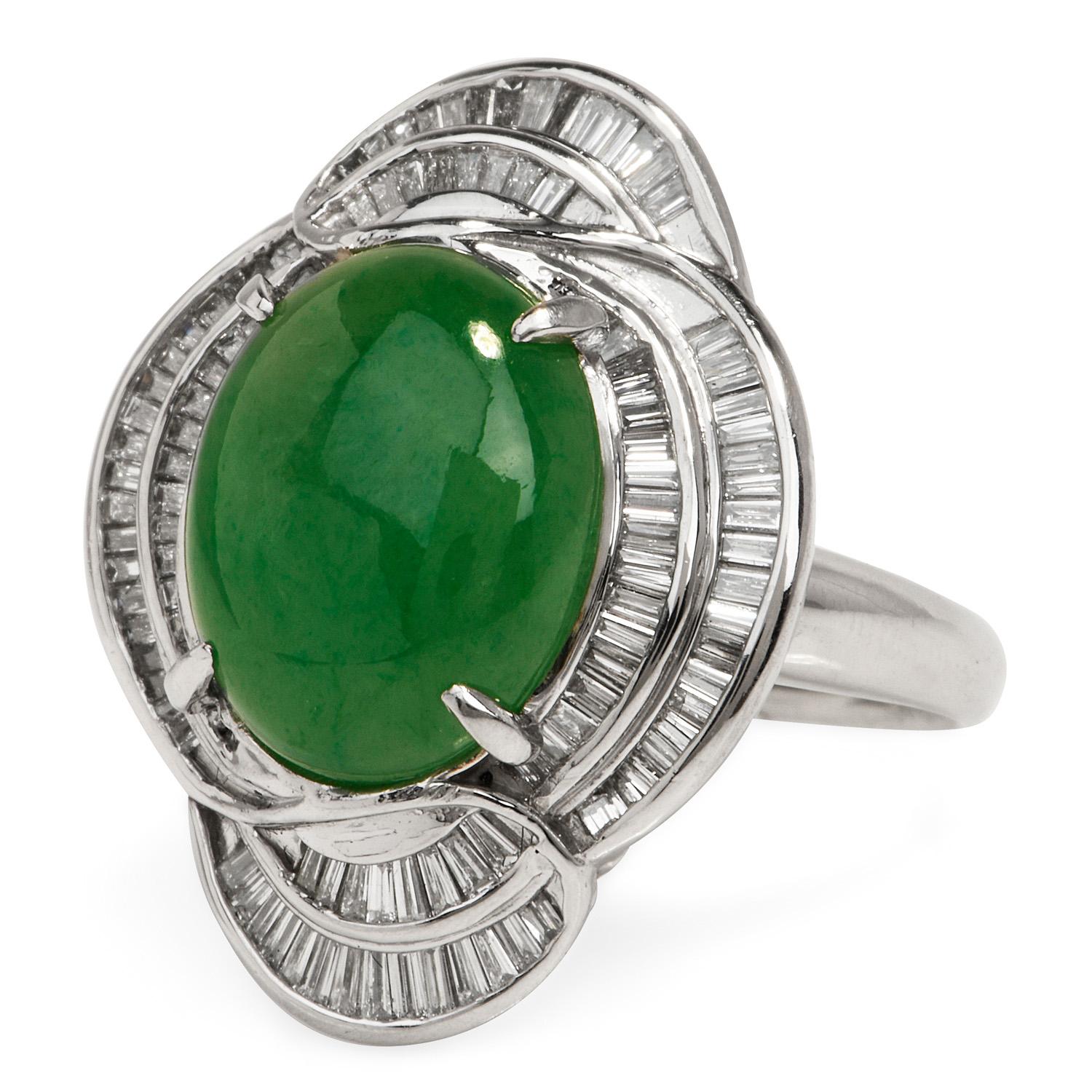 This Harvest Green natural GIA Certified Jade and Diamond Cocktail ring is  crafted in luxurious Platinum.

An oval shaped genuine natural Green Jade adorns the center of this stately piece weighing appx. 6.61 carats. Contrasting its shape are