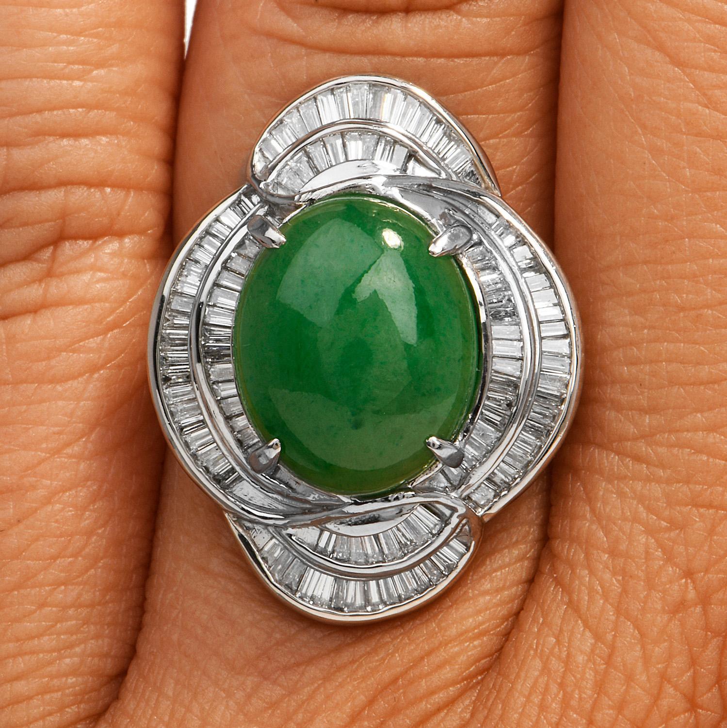 Certified GIA Green Jade Diamond Platinum Cocktail Ring In Excellent Condition In Miami, FL