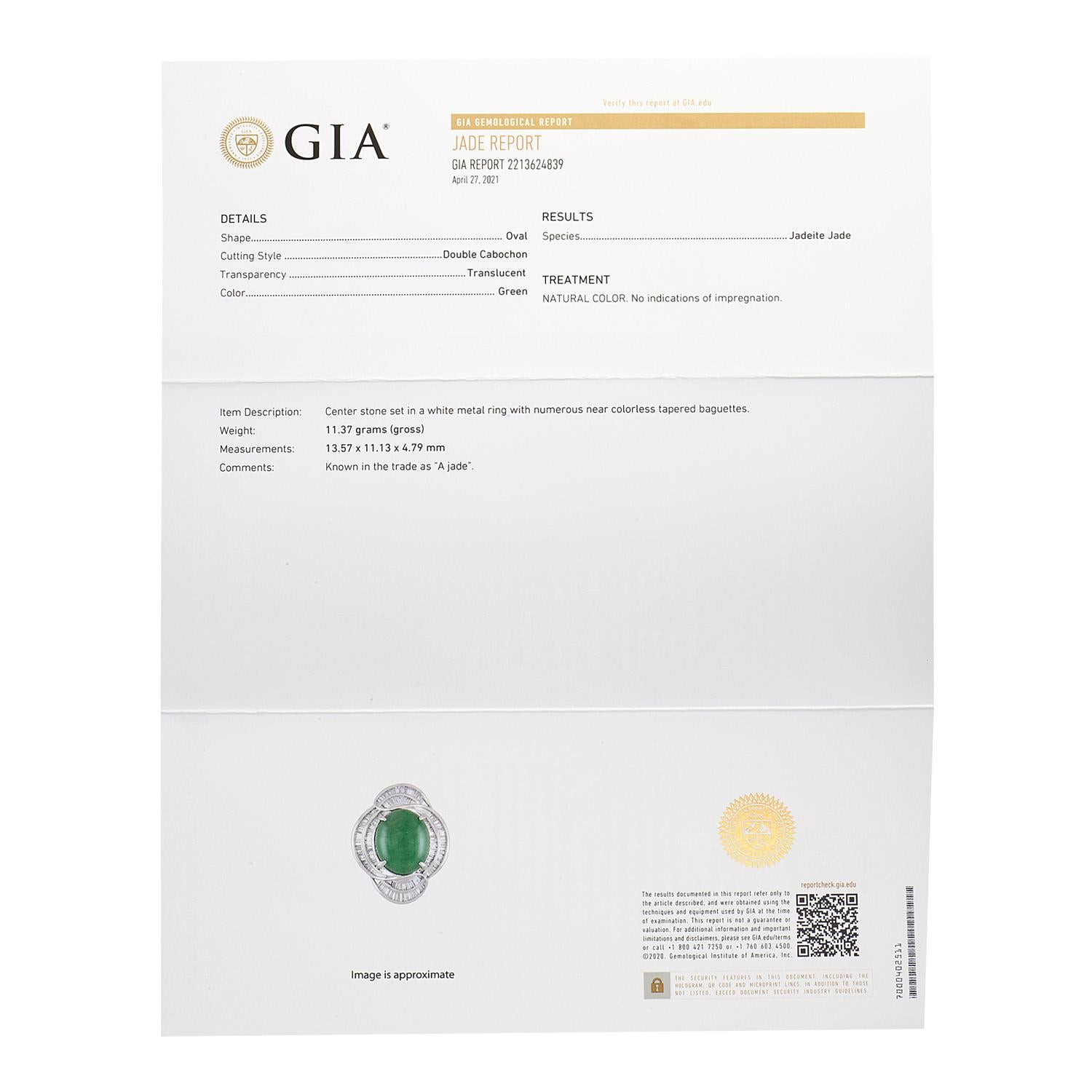 Women's or Men's Certified GIA Green Jade Diamond Platinum Cocktail Ring