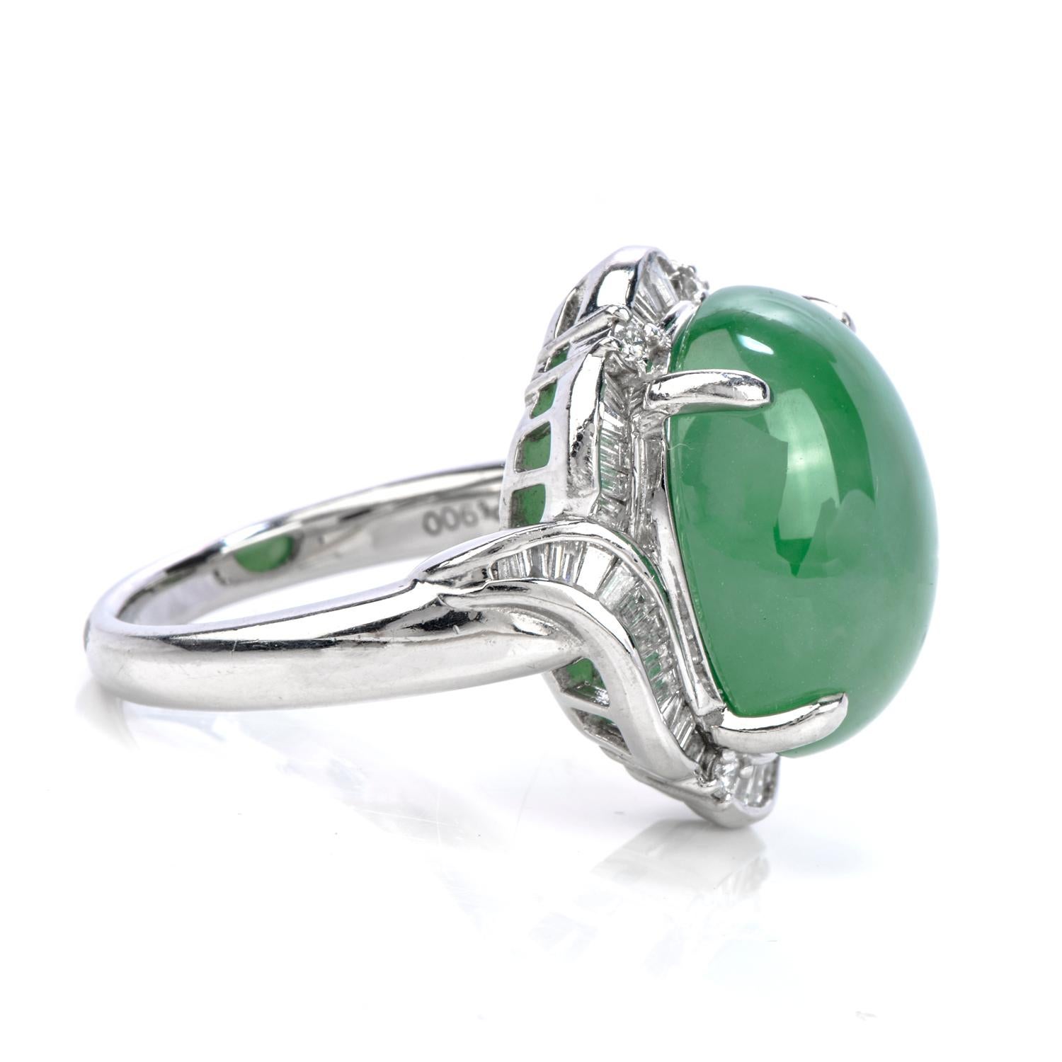 This Harvest Green natural GIA Certified Jade and Diamond Cocktail ring is crafted in luxurious Platinum.

An oval shaped genuine natural Green Jade adorns the center of this stately piece, weighing appx. 15.76 carats. Contrasting it's shape are