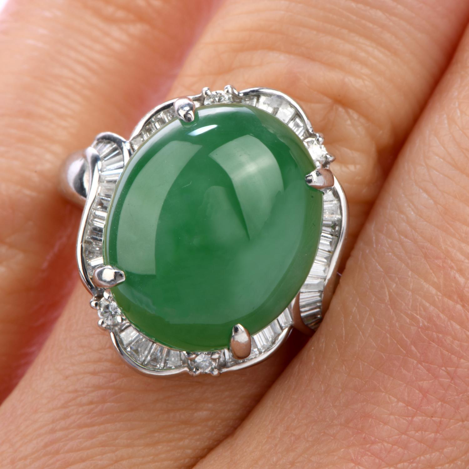 Women's or Men's Certified GIA Green Jade Platinum Diamond Cocktail Ring