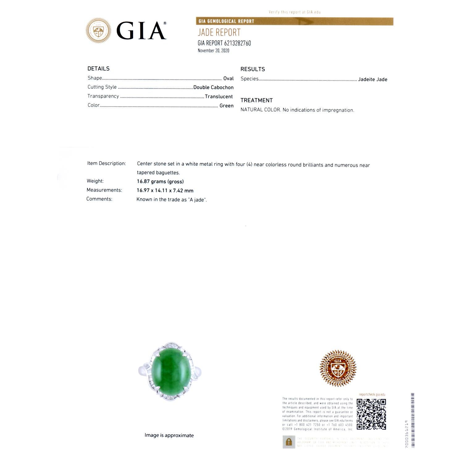 Certified GIA Green Jade Platinum Diamond Cocktail Ring 2