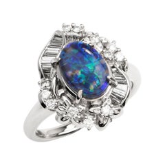 Certified GIA Natural Black Opal Diamond Platinum Floral Cocktail Ring