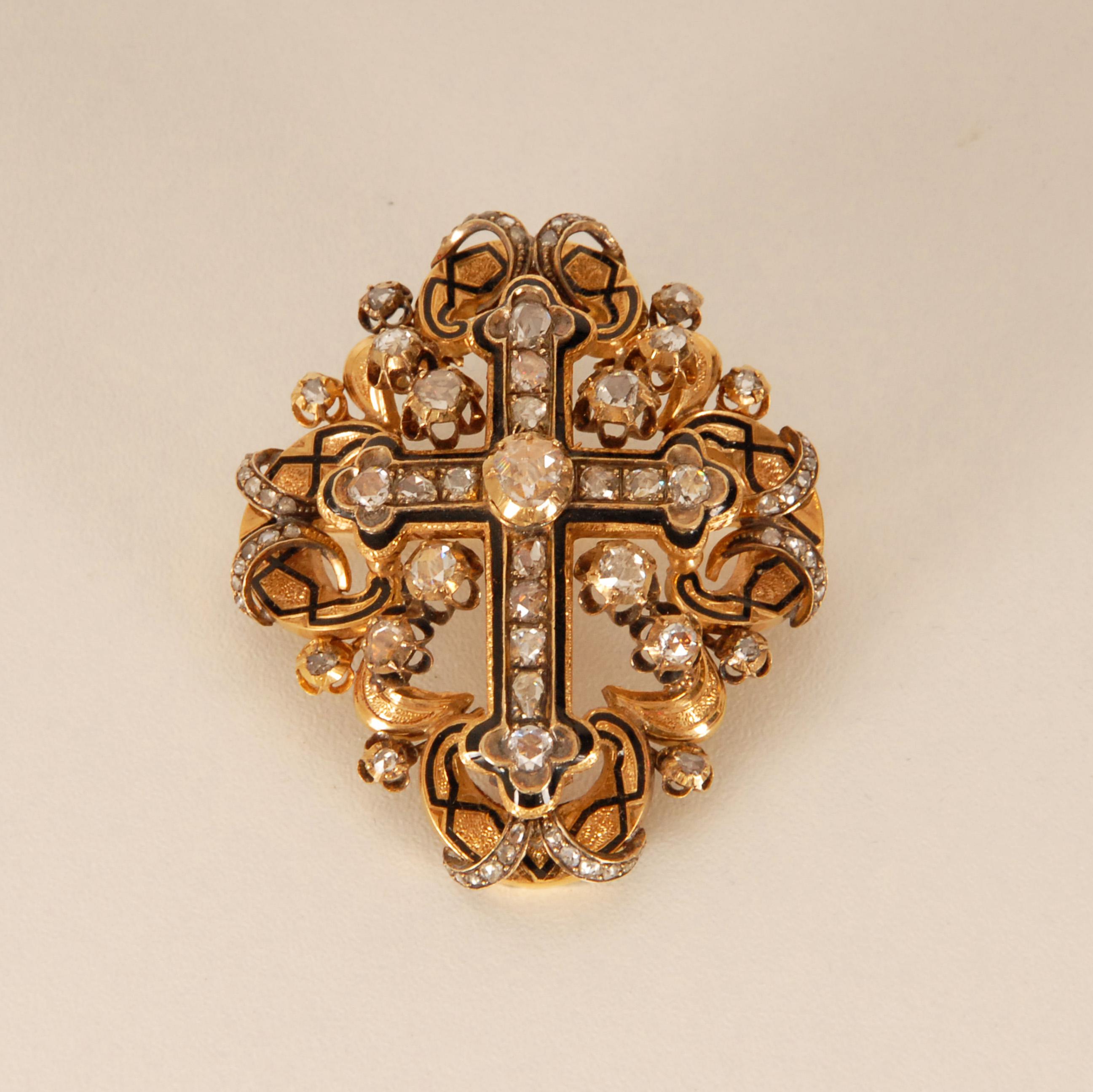 Hand-Crafted Certified Gold Diamond Renaissance Cross Rose Cut Diamond Enamel Vitrine Object For Sale