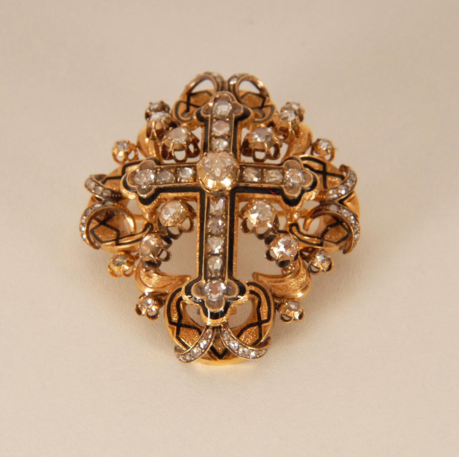 Certified Gold Diamond Renaissance Cross Rose Cut Diamond Enamel Vitrine Object For Sale 2