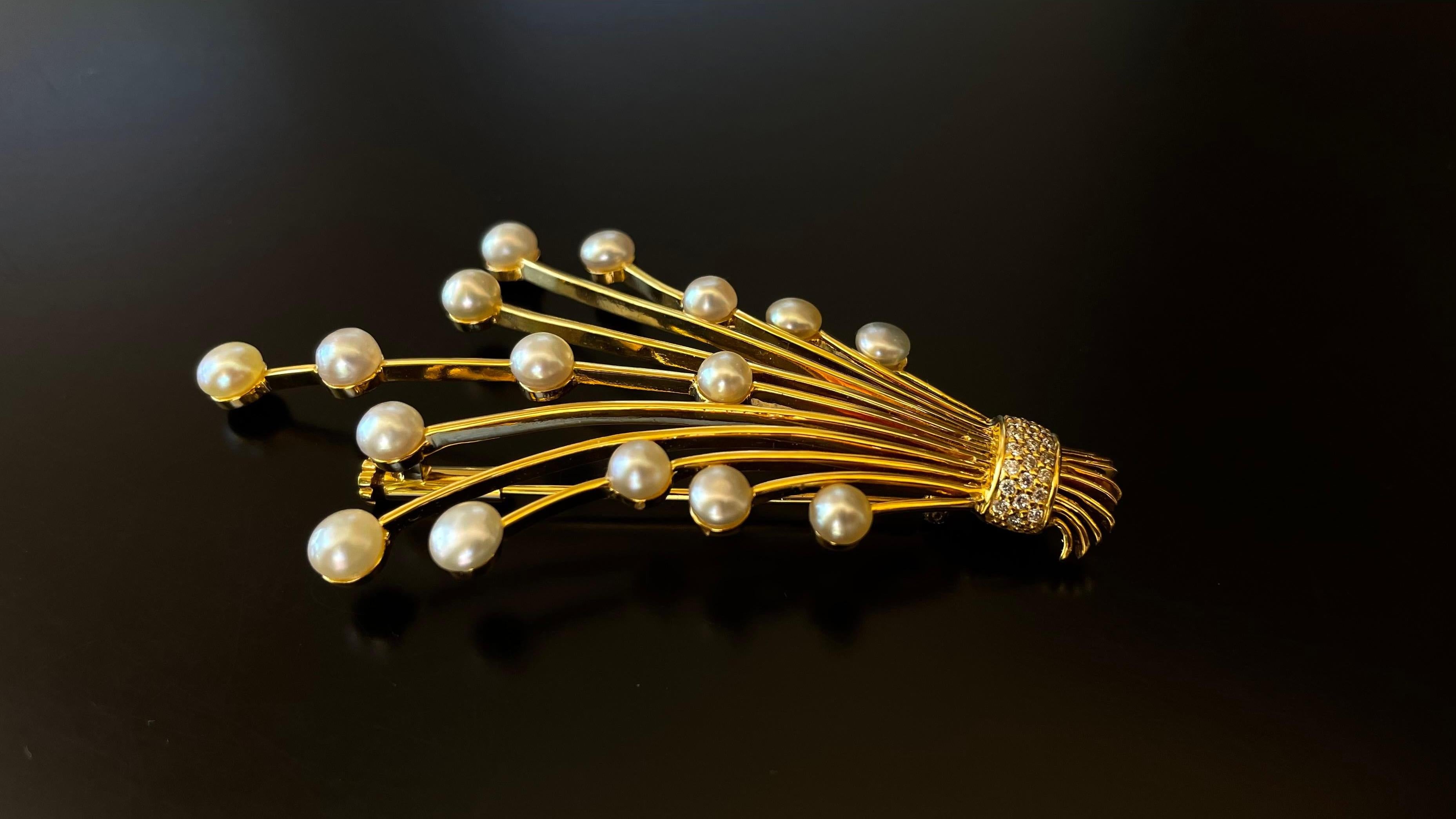 Certified Gold Stems Brooch in 18 Kt Gold Natural Bahraini Pearls and Diamonds In New Condition For Sale In Manama, BH