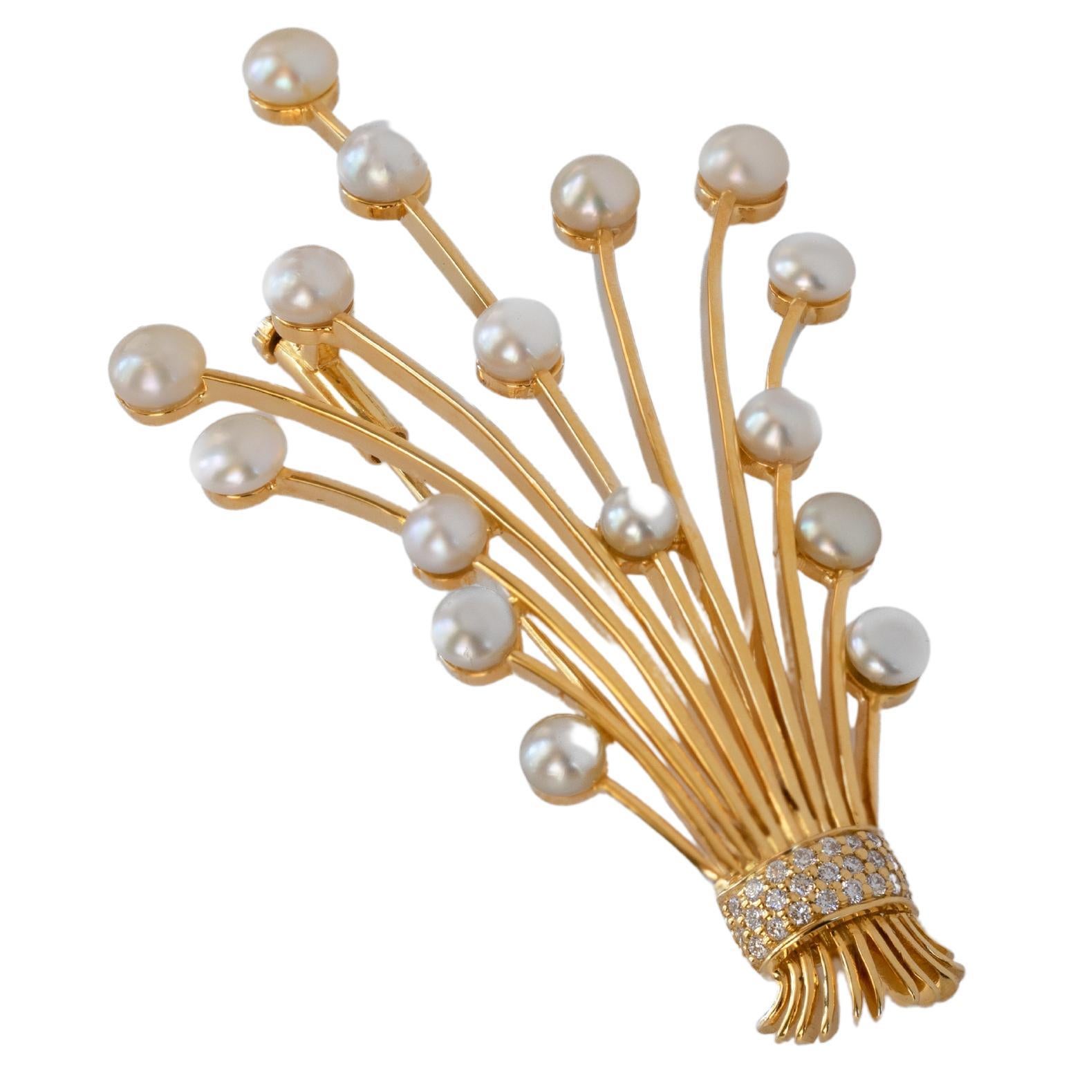 Certified Gold Stems Brooch in 18 Kt Gold Natural Bahraini Pearls and Diamonds For Sale