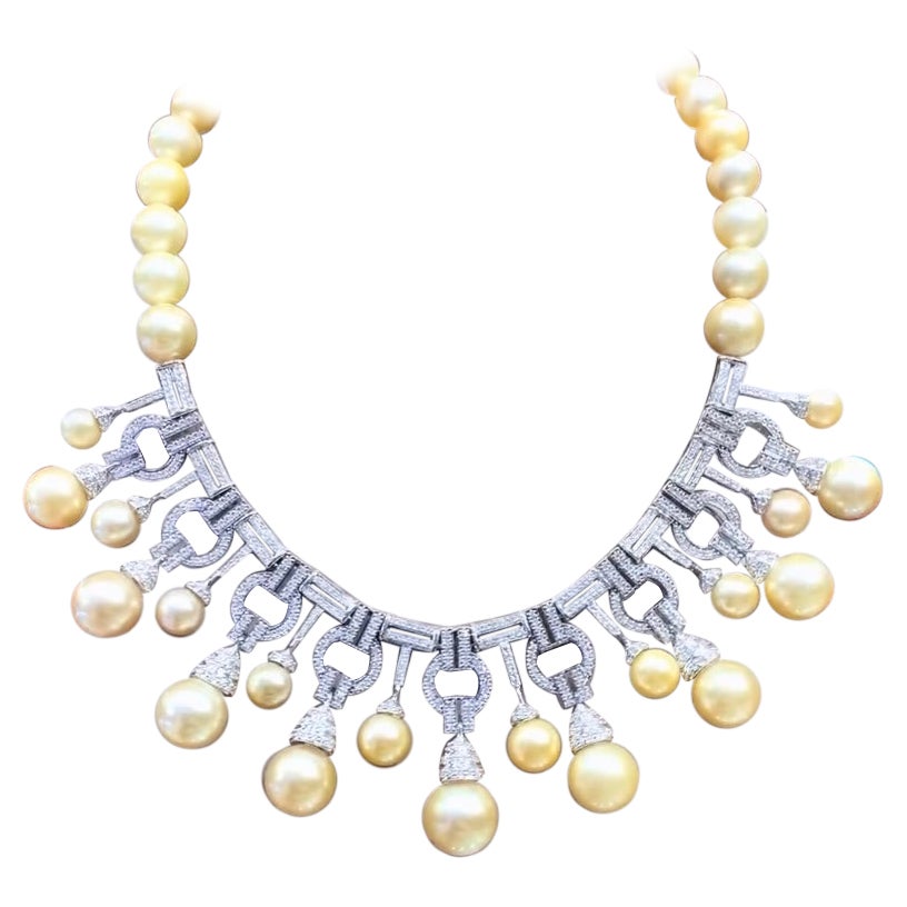 Perlas doradas certificadas de los Mares del Sur  Collar Art Decó Oro 18k Diamantes 8,00 Quilates