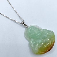 Certified Green & Amber Jadeite Jade Smiling Buddha Pendant in 18K White Gold
