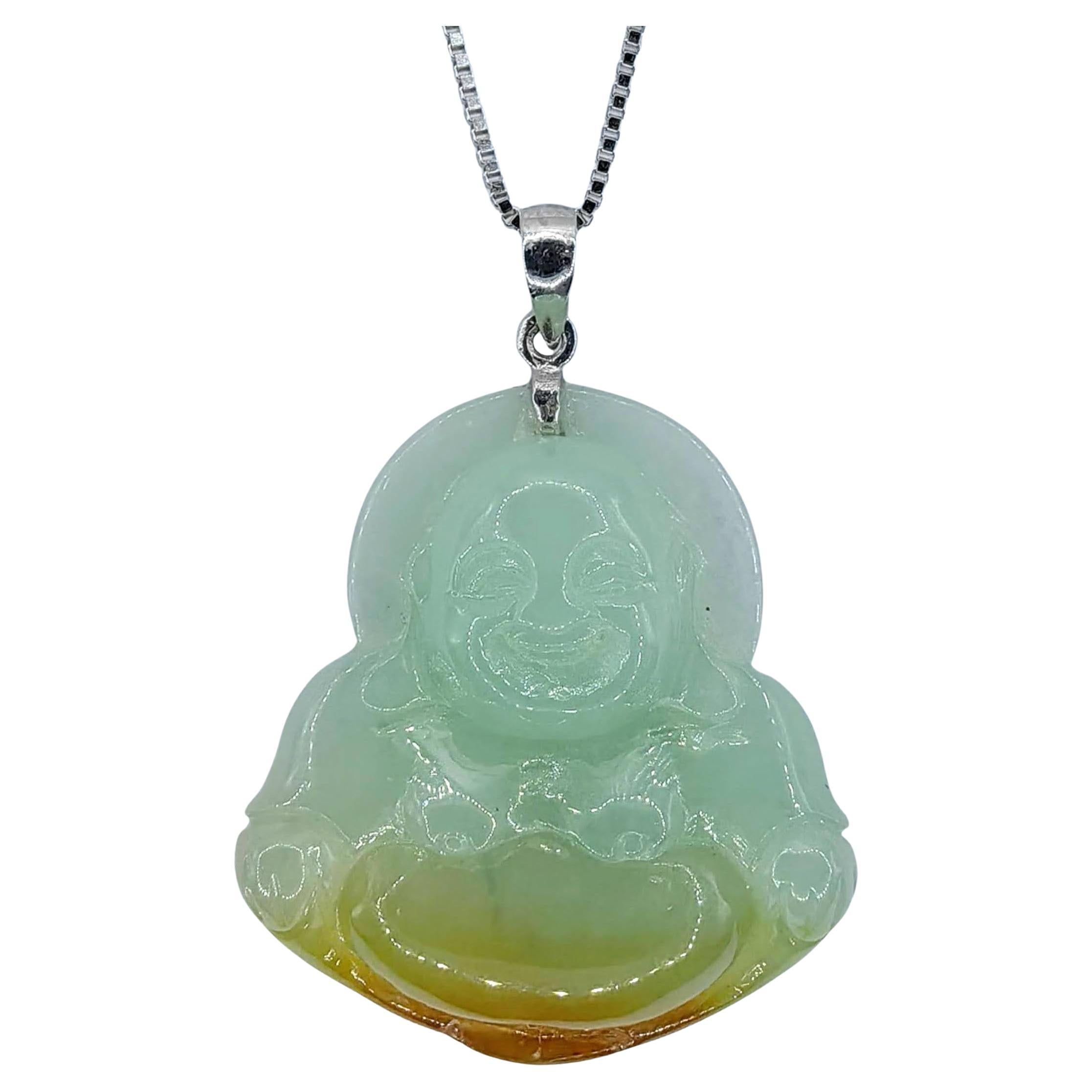 Certified Green & Amber Jadeite Jade Smiling Buddha Pendant in 18K White Gold