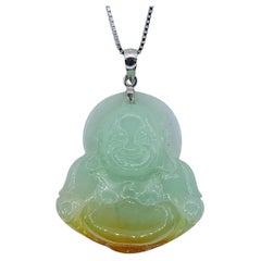 Certified Green & Amber Jadeite Jade Smiling Buddha Pendant in 18K White Gold