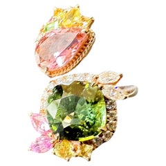 Certified Green and Pink Toumaline Twin Stones Ring with Moissanite in 14K Gold