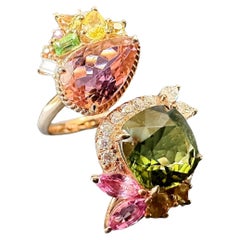 Certified Green and Pink Toumaline Twin Stones Ring with Moissanite in 14K Gold
