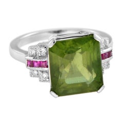 Certified Green Apatite with Diamond Ruby Art Deco Style 18K White Gold Ring