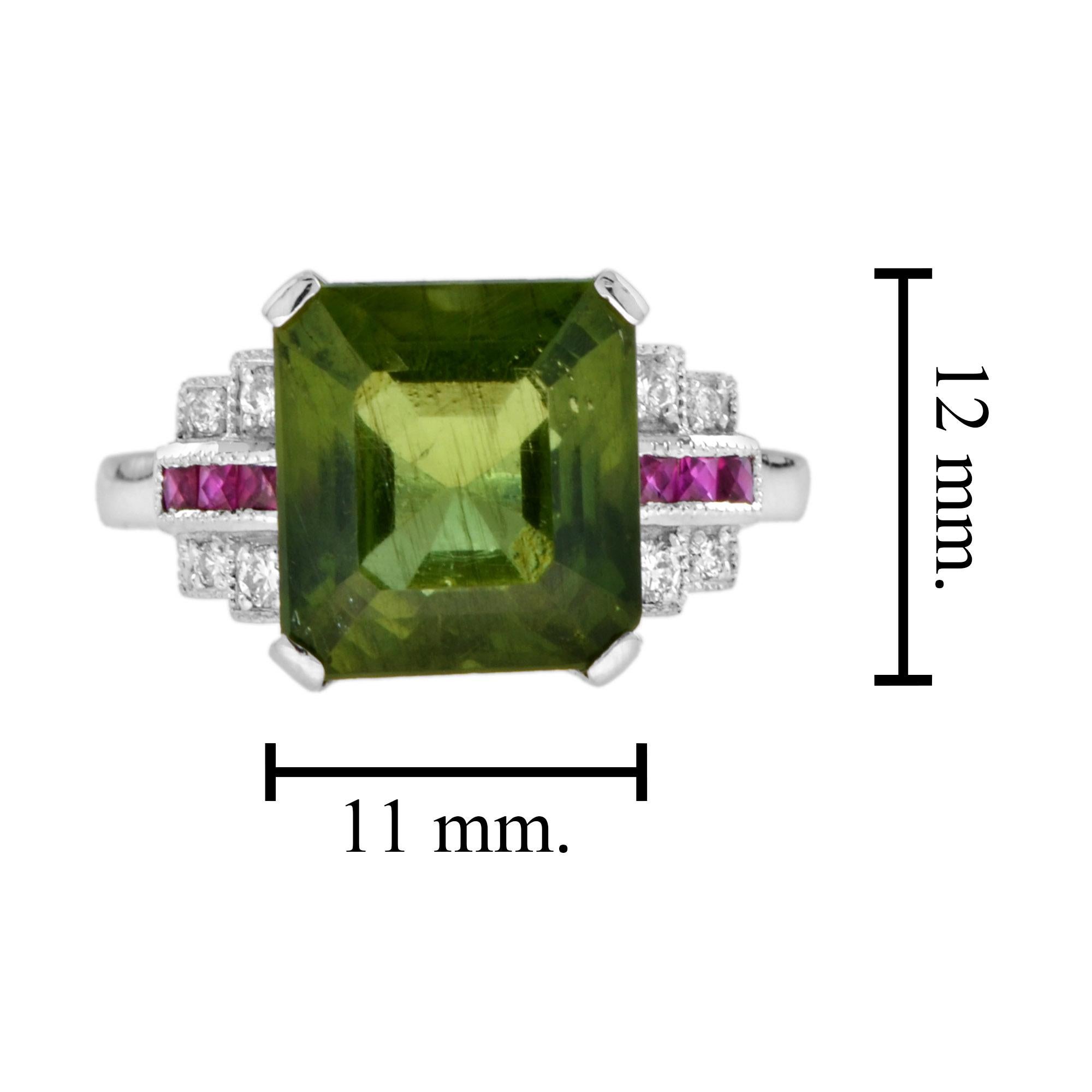 Bague en or blanc 18 carats avec Apatite verte certifiée et diamant Rubis de style Art Deco en vente 2