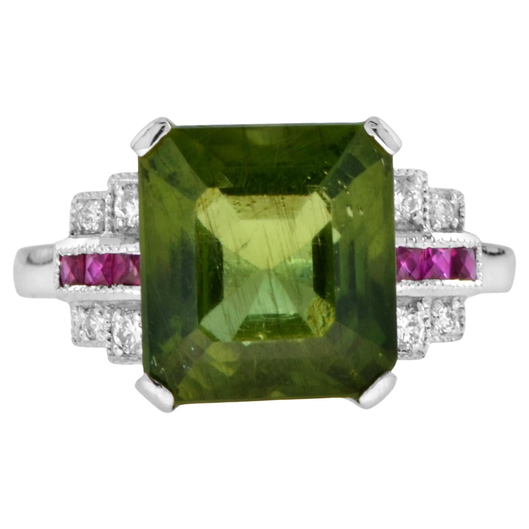 Bague en or blanc 18 carats avec Apatite verte certifiée et diamant Rubis de style Art Deco en vente