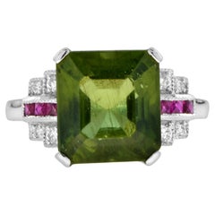 Certified Green Apatite with Diamond Ruby Art Deco Style 18K White Gold Ring