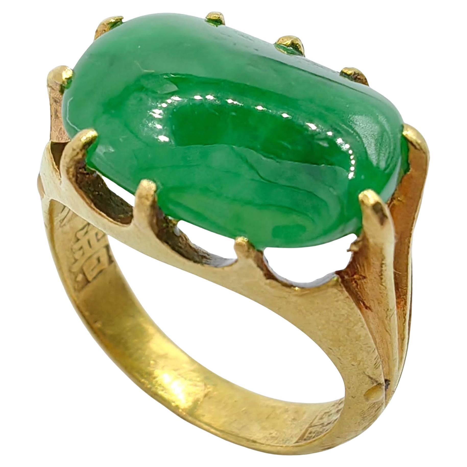 Zertifizierter grüner Cabochon Echter burmesischer Jadeit Jade 24K Gelbgold Rosa Ring