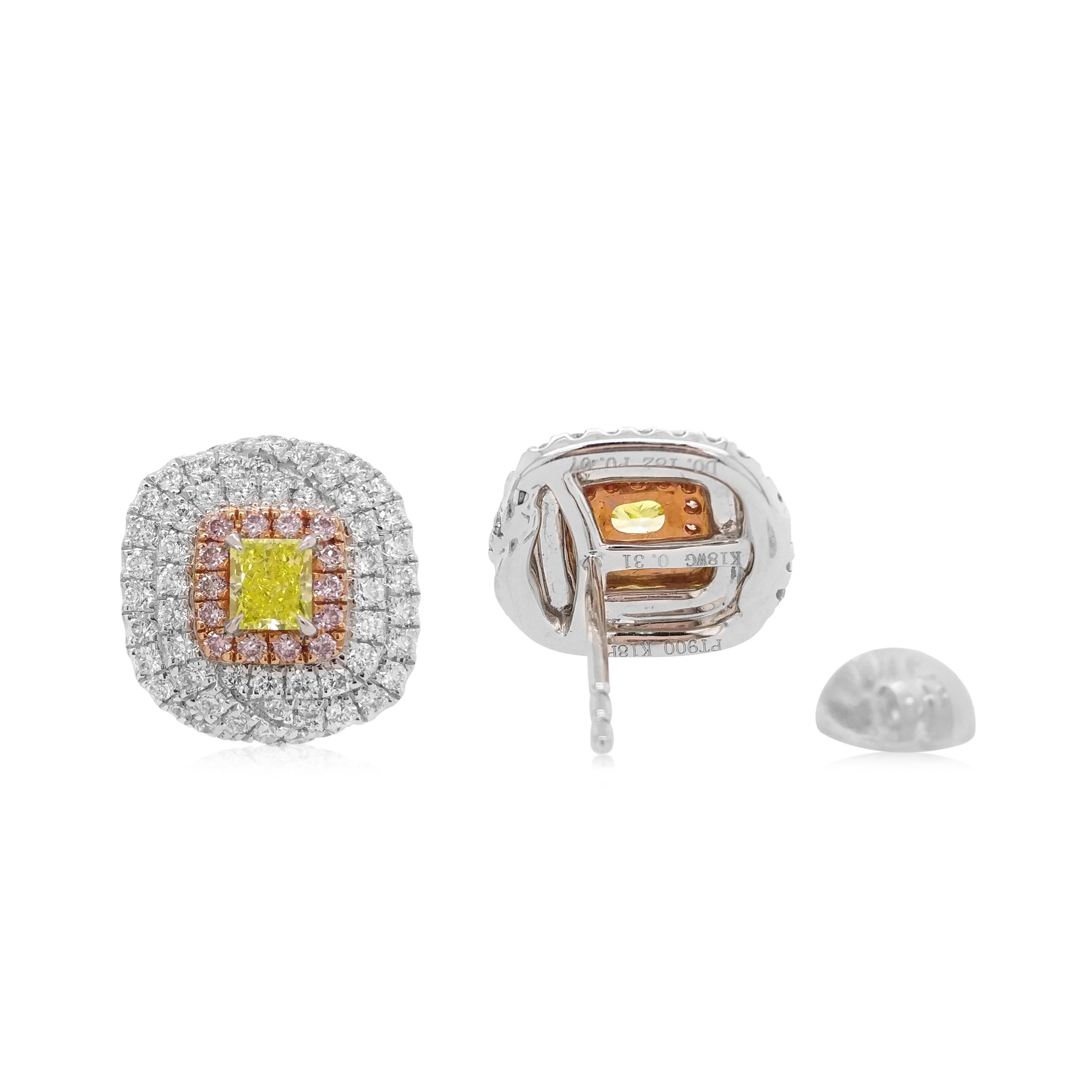 Zertifizierte grüne Diamanten und rosa Diamanten – festliche Ohrstecker (Brillantschliff) im Angebot