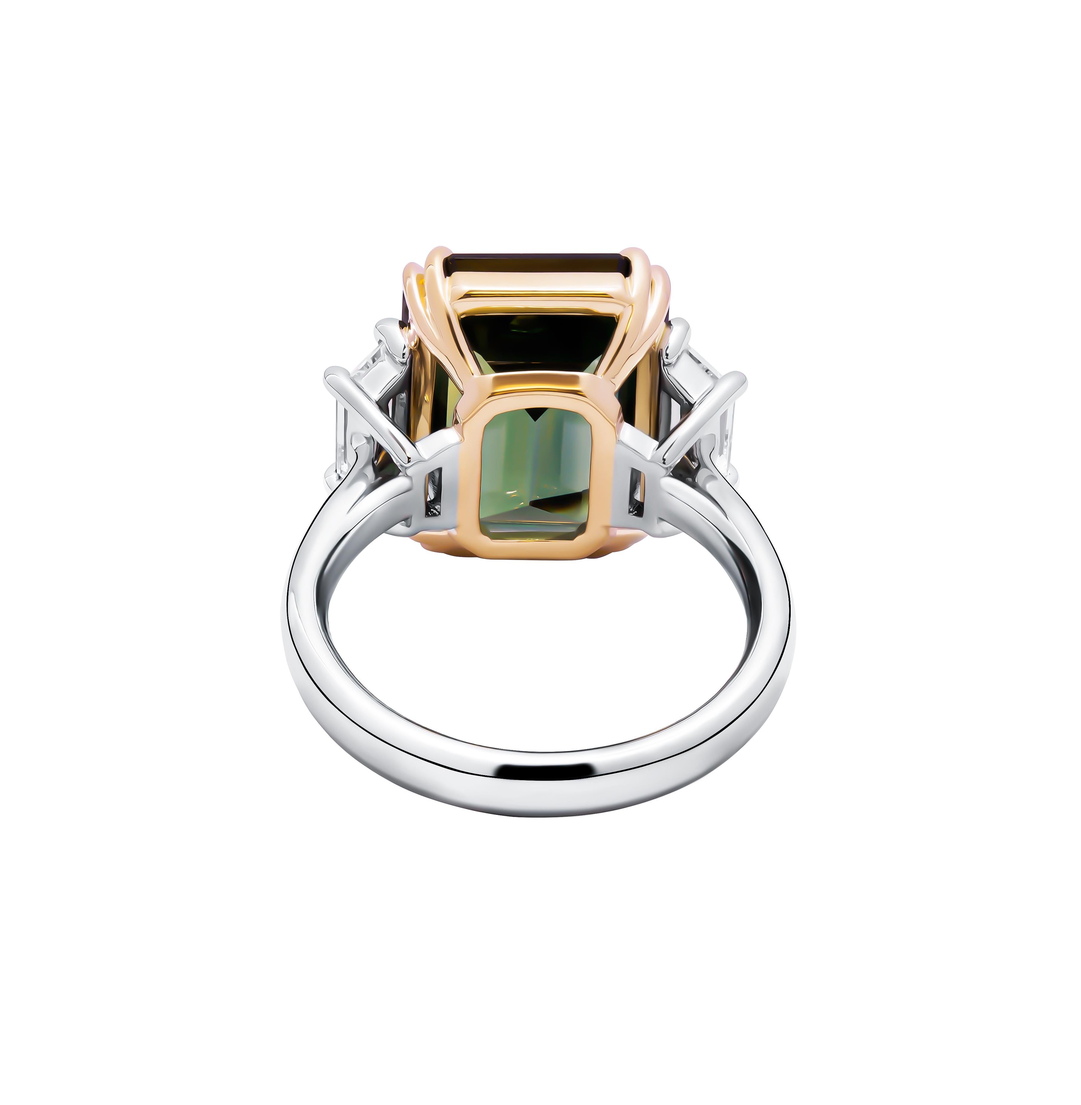 Emerald Cut Certified Green Sapphire 3 Stone Ring For Sale