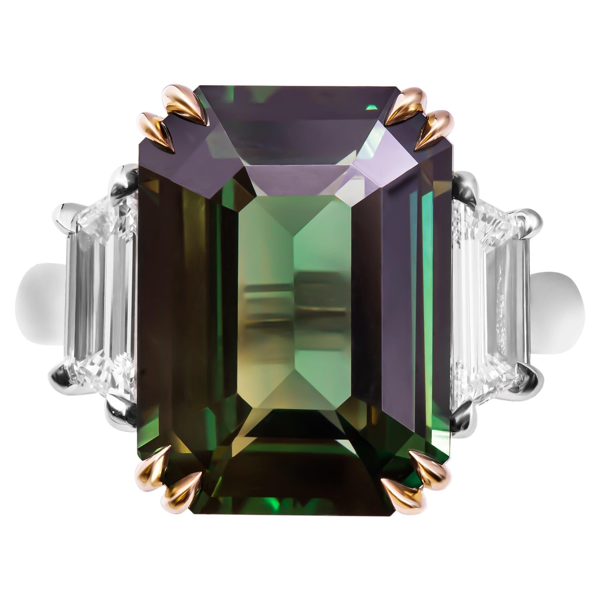 Certified Green Sapphire 3 Stone Ring For Sale