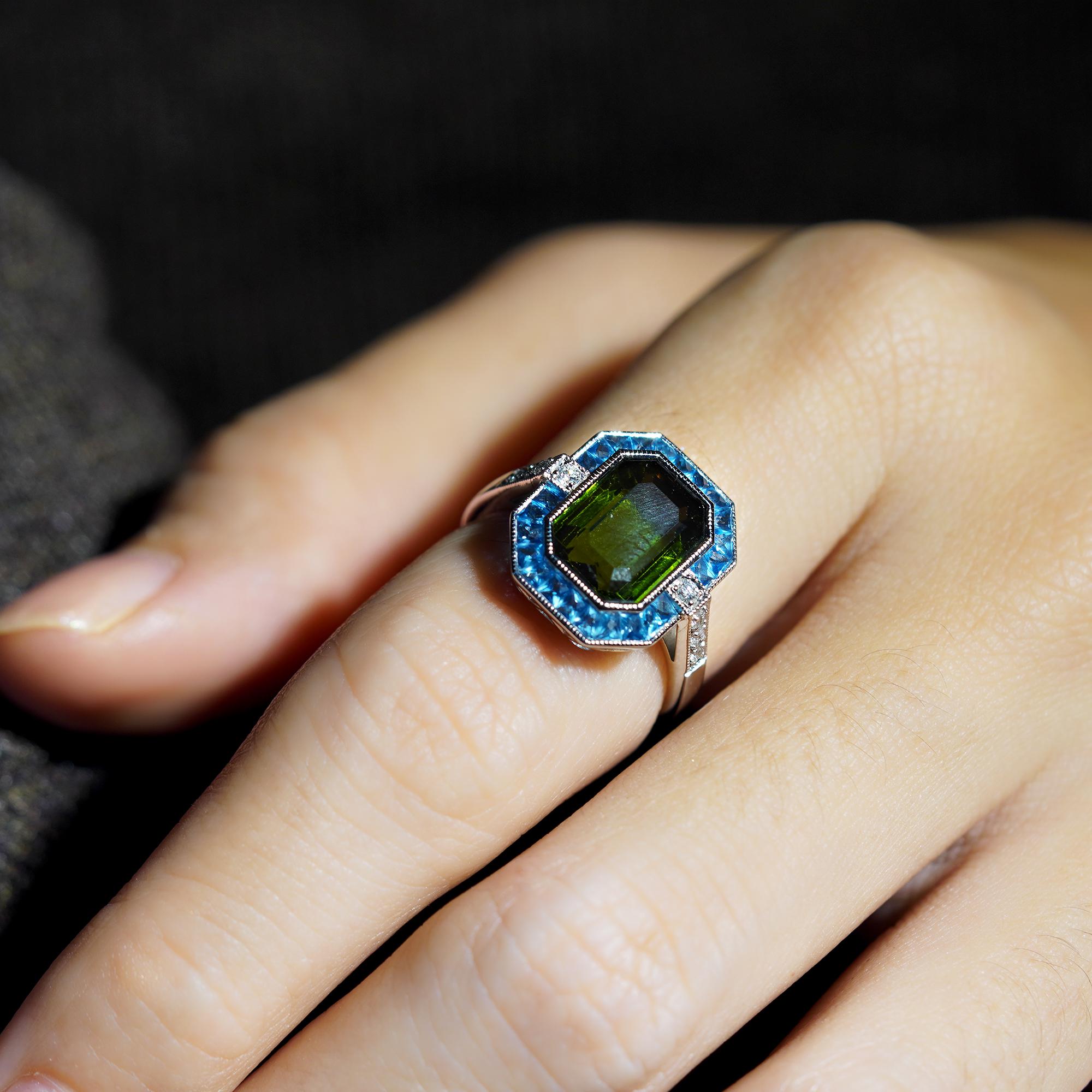 Art Deco Certified Green Tourmaline London Blue Topaz Diamond Halo Ring in 14K White Gold For Sale