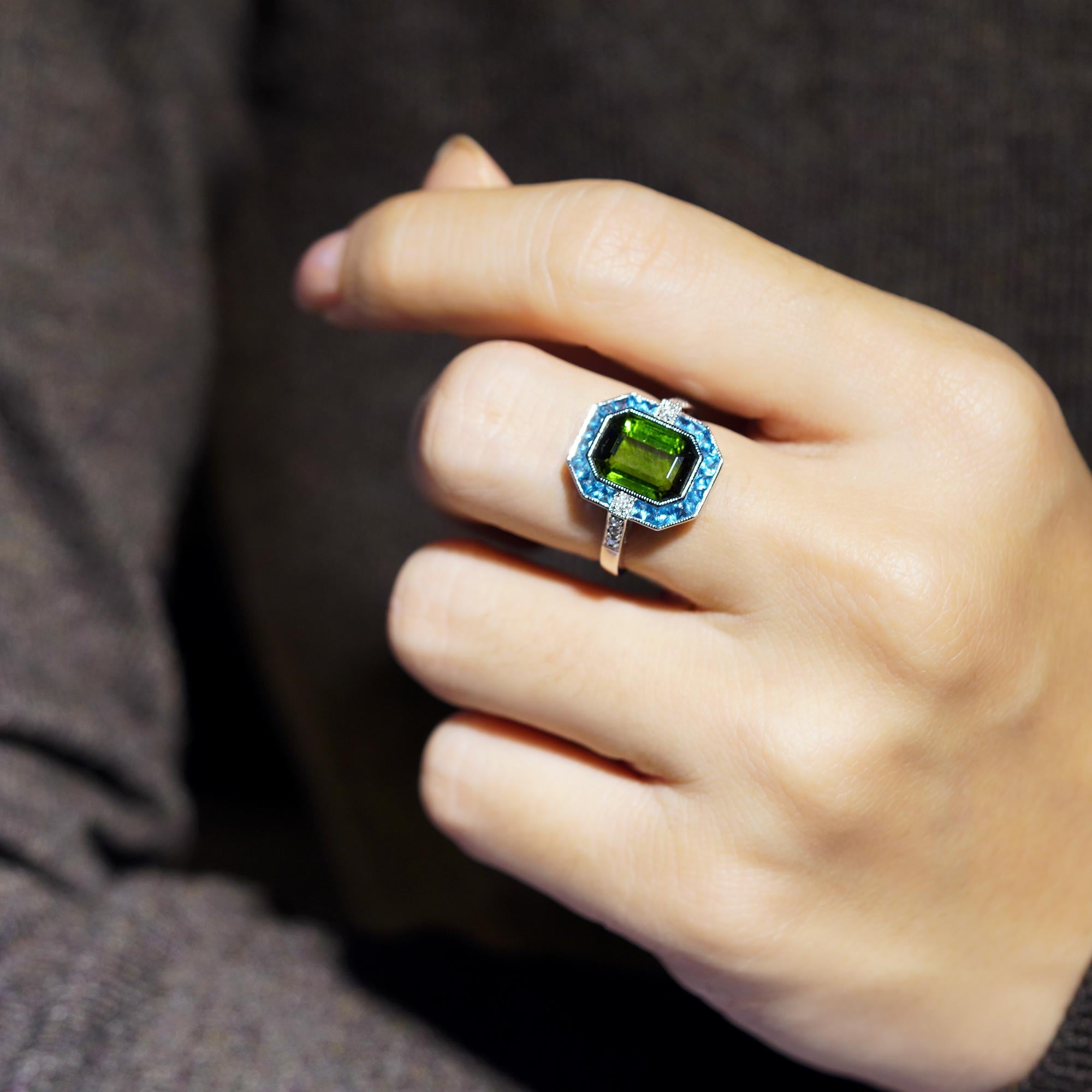 Emerald Cut Certified Green Tourmaline London Blue Topaz Diamond Halo Ring in 14K White Gold For Sale